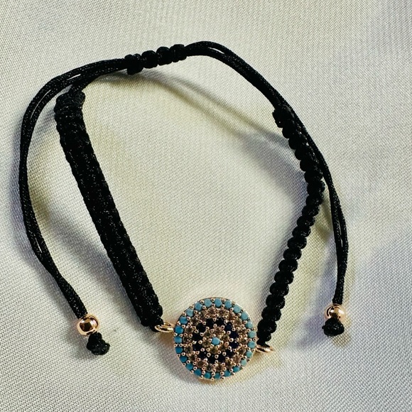 Black Macrame Evil Eye Turquoise & Cubic Zirconia Setting Bracelet - Picture 2 of 2
